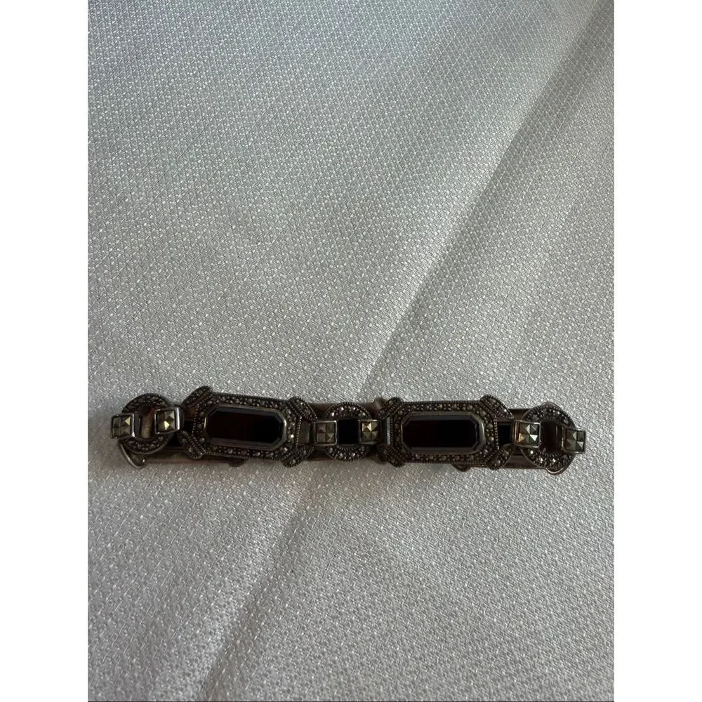 Vintage 925 Sterling Silver Onyx And Marcasite 8.5